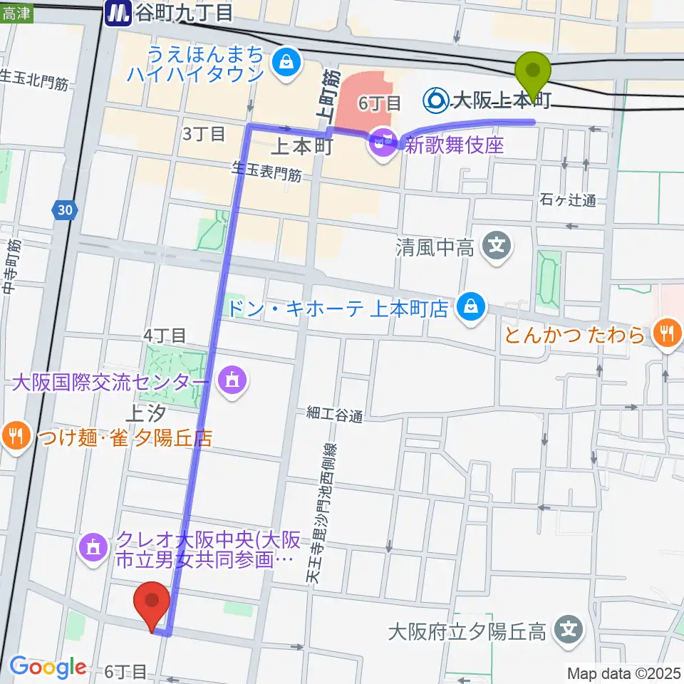 大阪上本町駅からプライウッドスタジオへのルートマップ地図