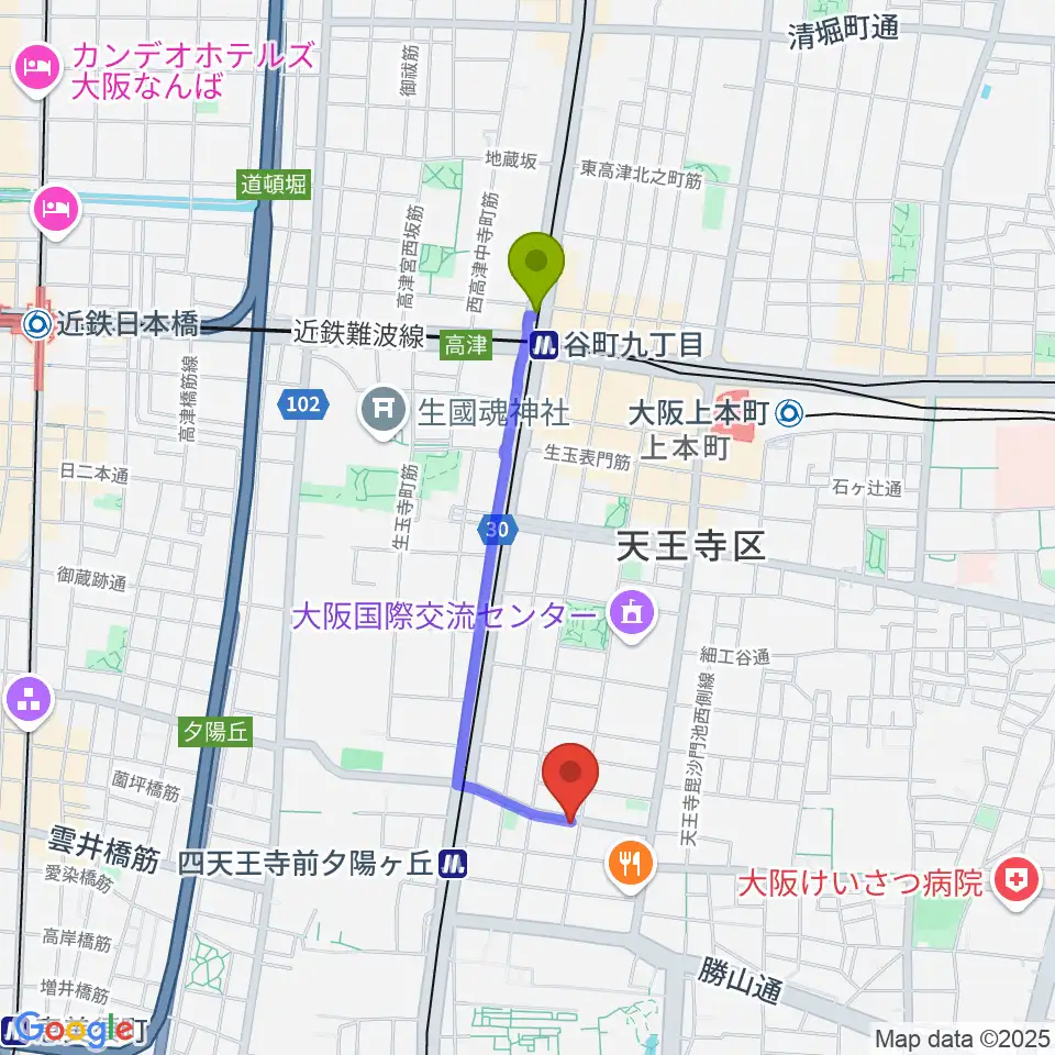 谷町九丁目駅からプライウッドスタジオへのルートマップ地図