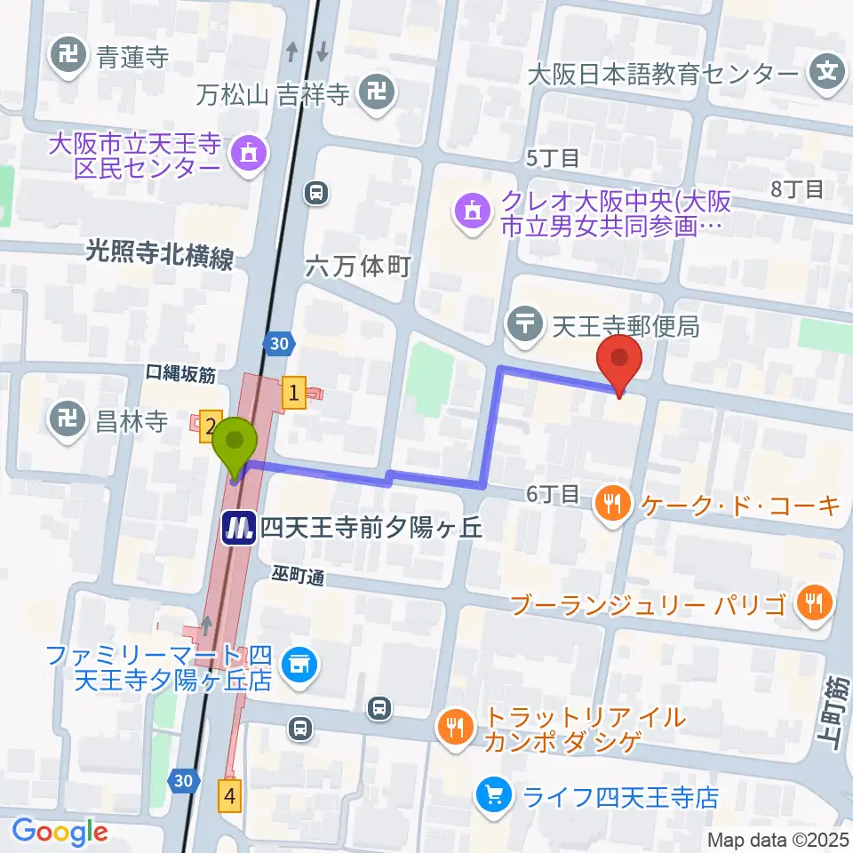 プライウッドスタジオの最寄駅四天王寺前夕陽ヶ丘駅からの徒歩ルート（約4分）地図