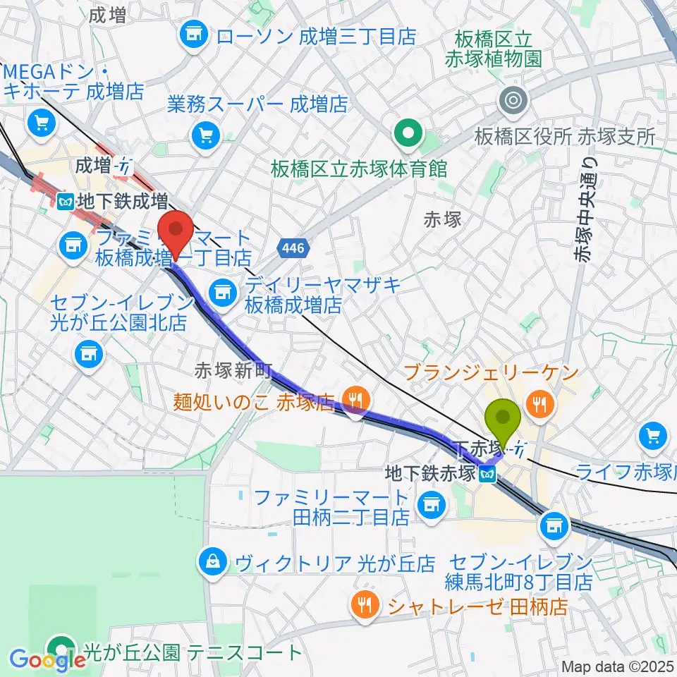 下赤塚駅からローズマリーミュージックスクール成増教室へのルートマップ地図