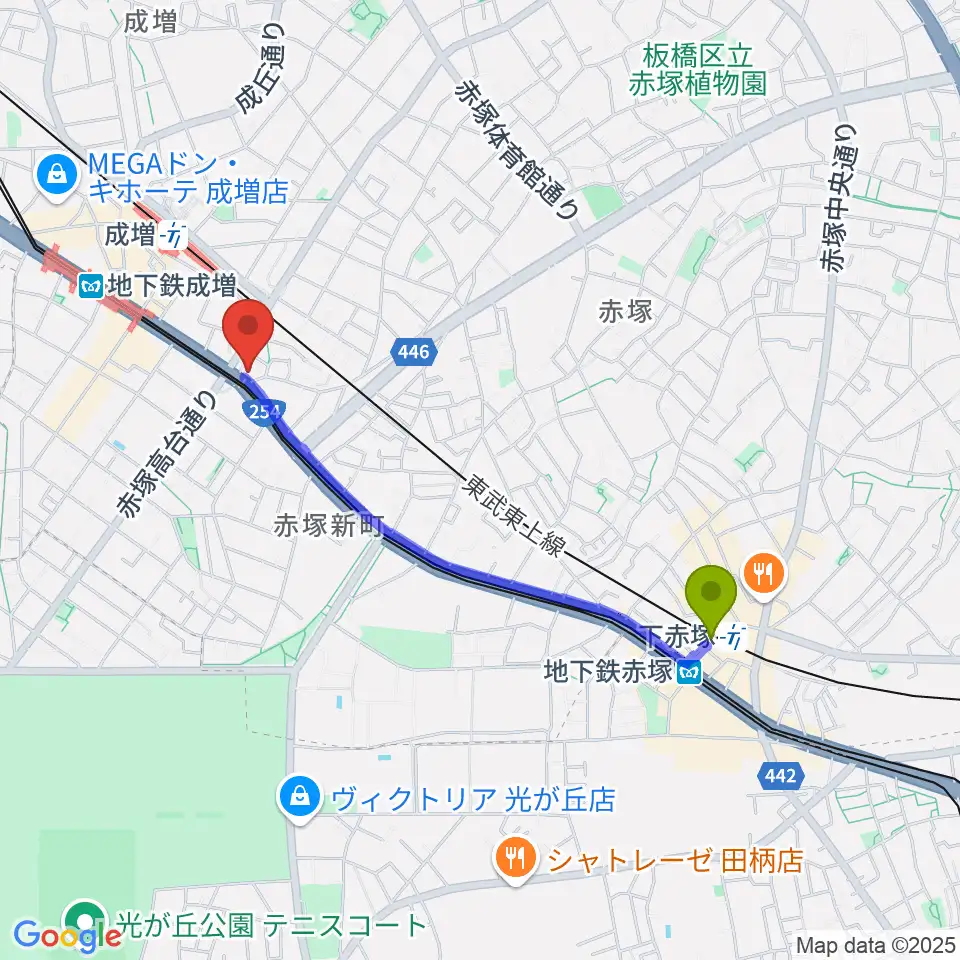 下赤塚駅からローズマリーミュージックスクール成増教室へのルートマップ地図