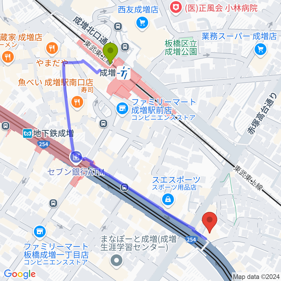 ローズマリーミュージックスクール成増教室の最寄駅成増駅からの徒歩ルート（約5分）地図