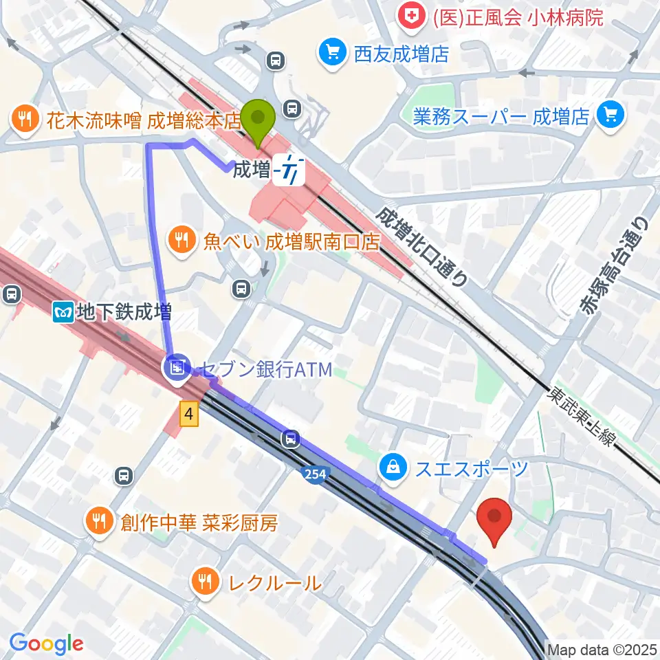 ローズマリーミュージックスクール成増教室の最寄駅成増駅からの徒歩ルート（約5分）地図