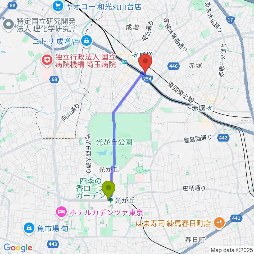 光が丘駅からローズマリーミュージックスクール成増教室へのルートマップ地図