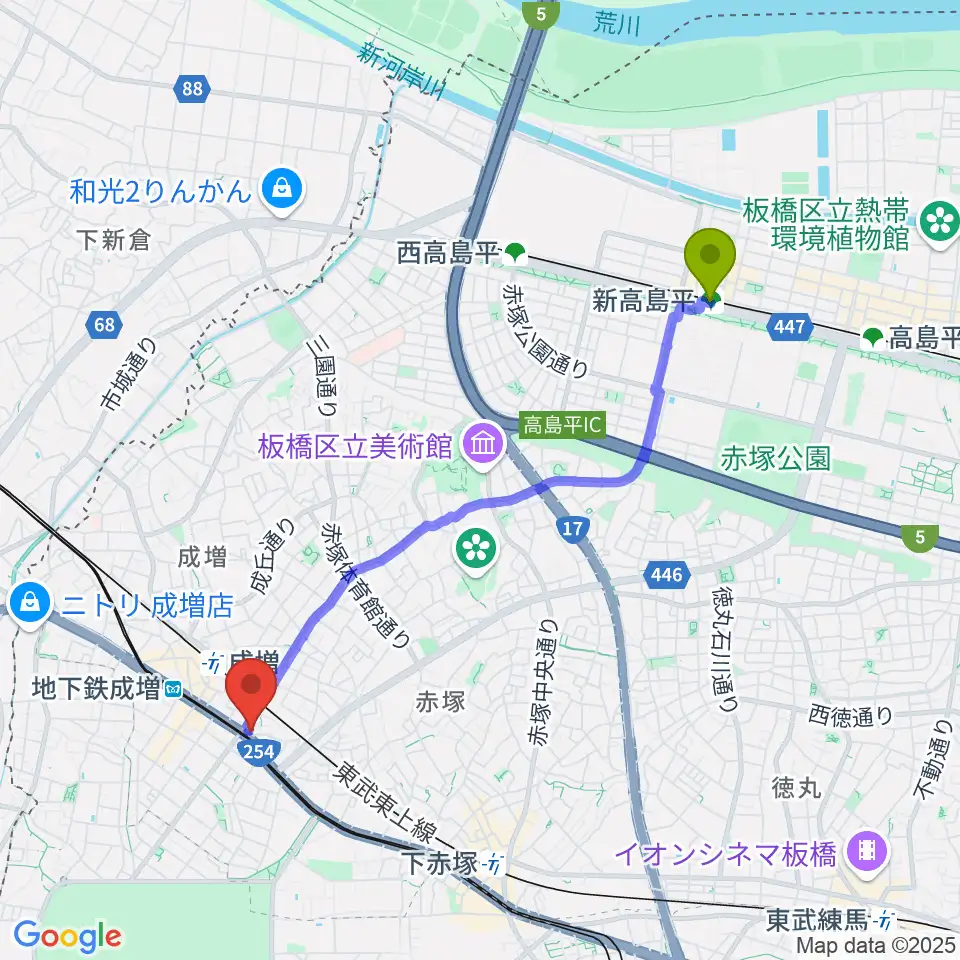 新高島平駅からローズマリーミュージックスクール成増教室へのルートマップ地図