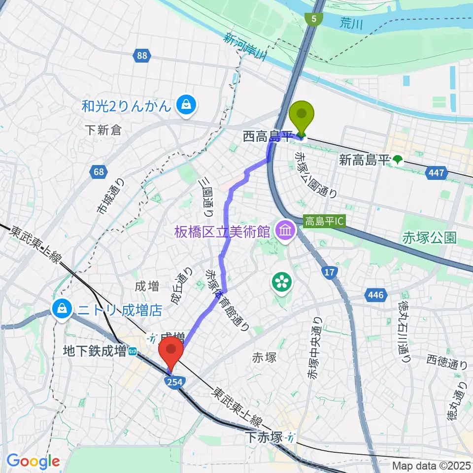 西高島平駅からローズマリーミュージックスクール成増教室へのルートマップ地図