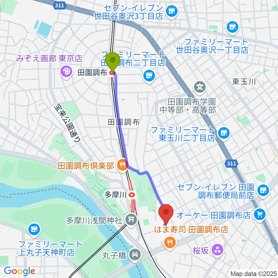 田園調布駅からBottom's Up Guitarsへのルートマップ地図