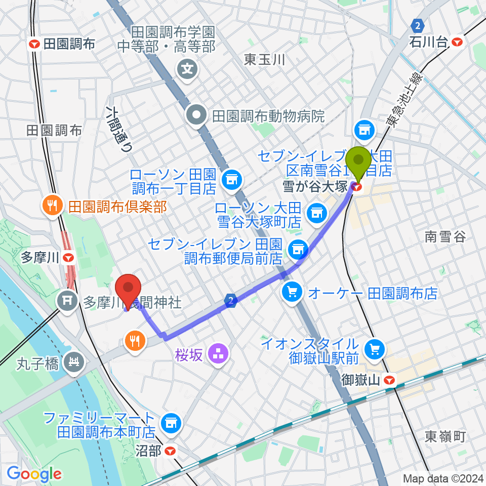 雪が谷大塚駅からBottom's Up Guitarsへのルートマップ地図