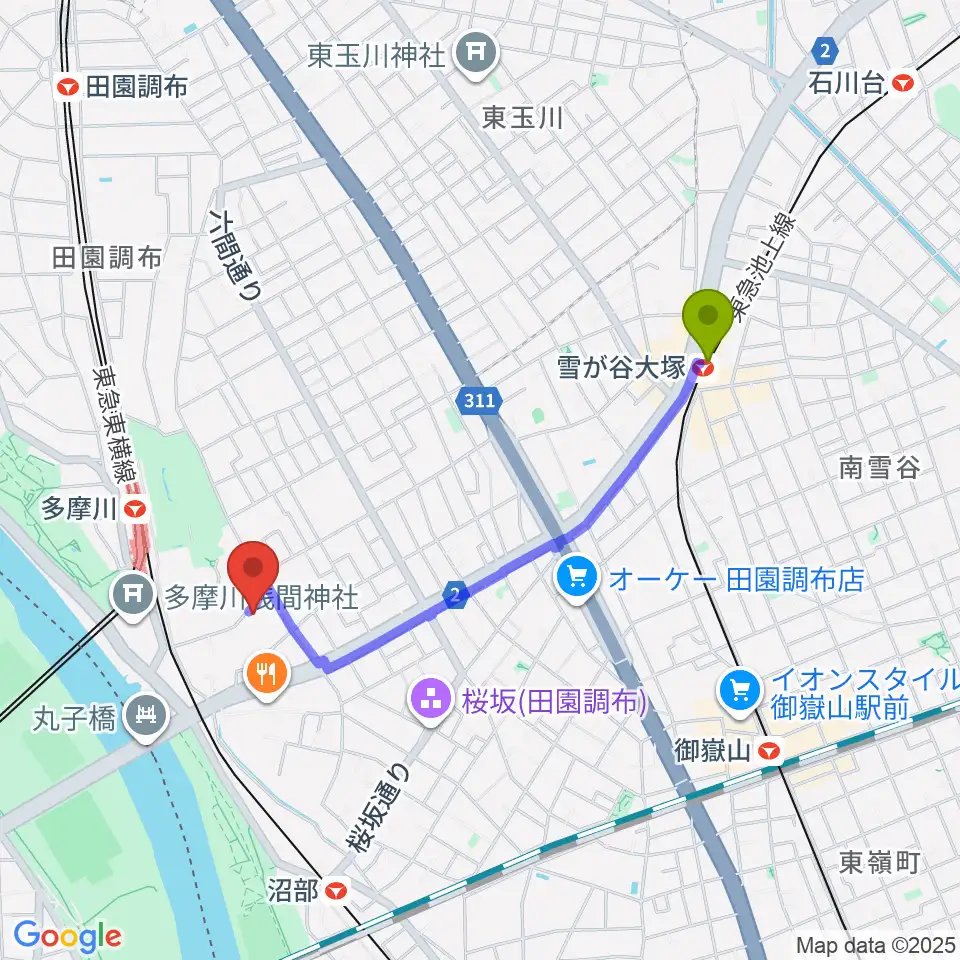 雪が谷大塚駅からBottom's Up Guitarsへのルートマップ地図