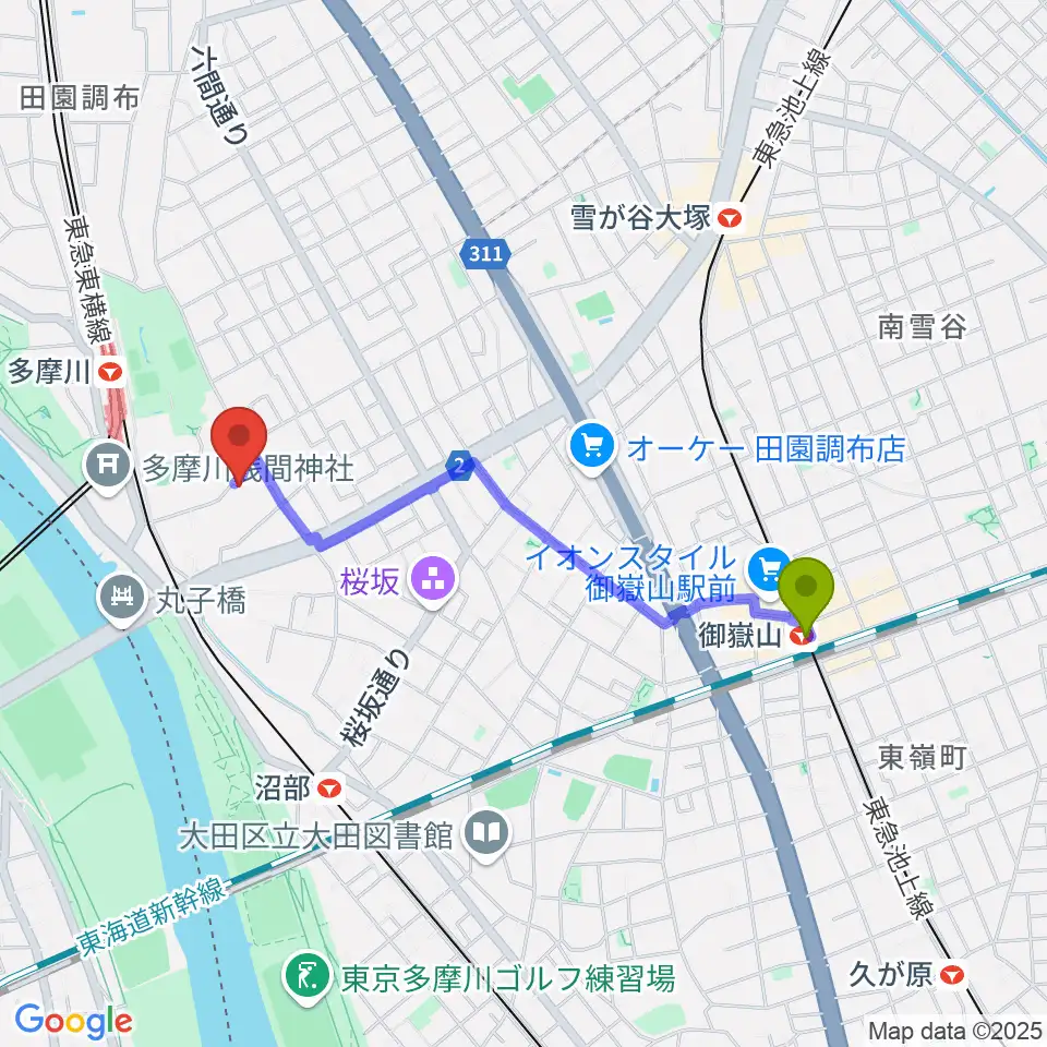 御嶽山駅からBottom's Up Guitarsへのルートマップ地図