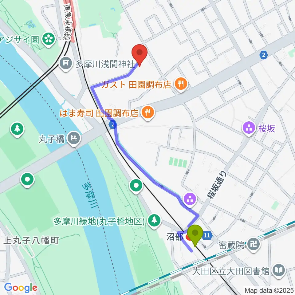 沼部駅からBottom's Up Guitarsへのルートマップ地図