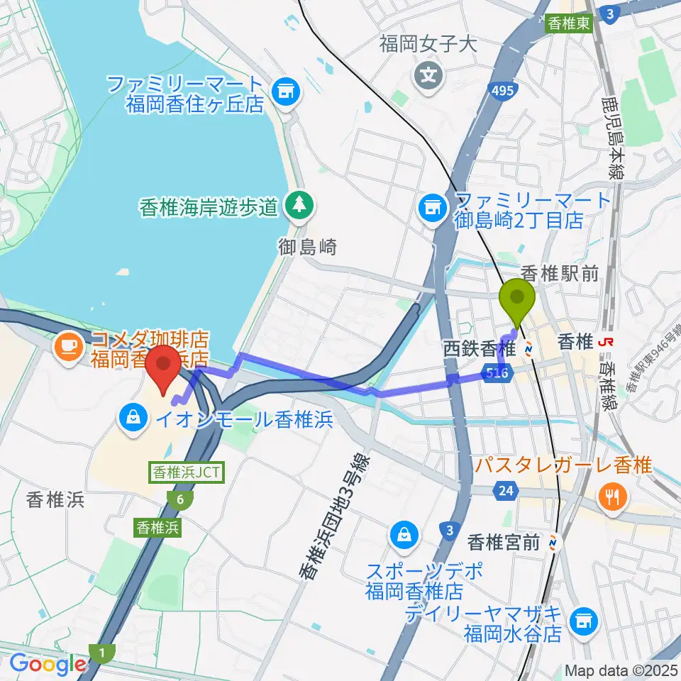 ヨシダ楽器イオン香椎浜店の最寄駅西鉄香椎駅からの徒歩ルート（約17分）地図