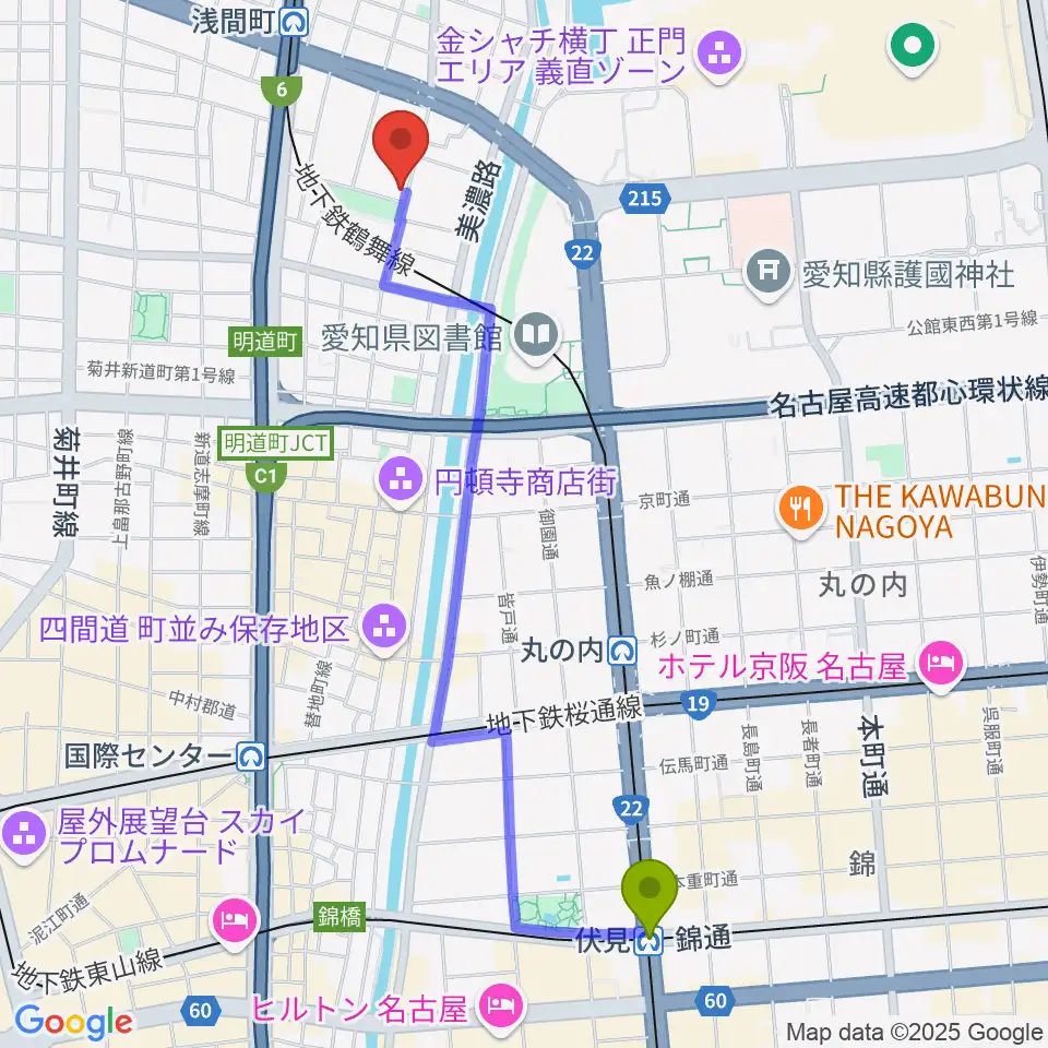 伏見駅から大正琴のナルダン楽器へのルートマップ地図