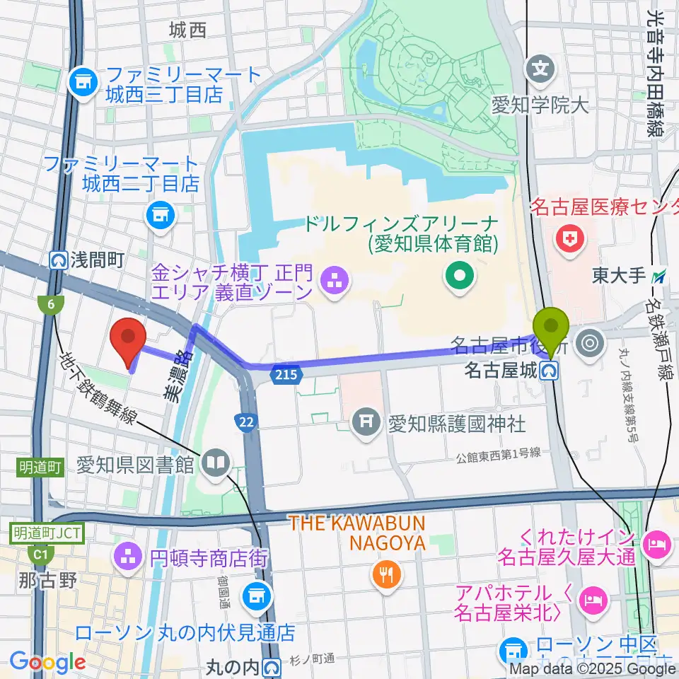 市役所駅から大正琴のナルダン楽器へのルートマップ地図