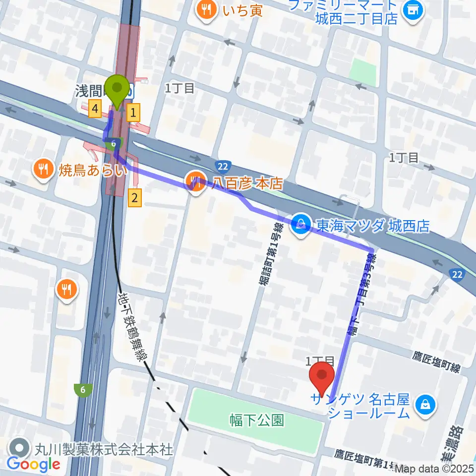 大正琴のナルダン楽器の最寄駅浅間町駅からの徒歩ルート（約6分）地図