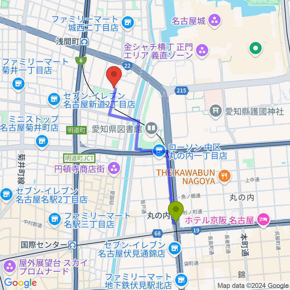 丸の内駅から大正琴のナルダン楽器へのルートマップ地図