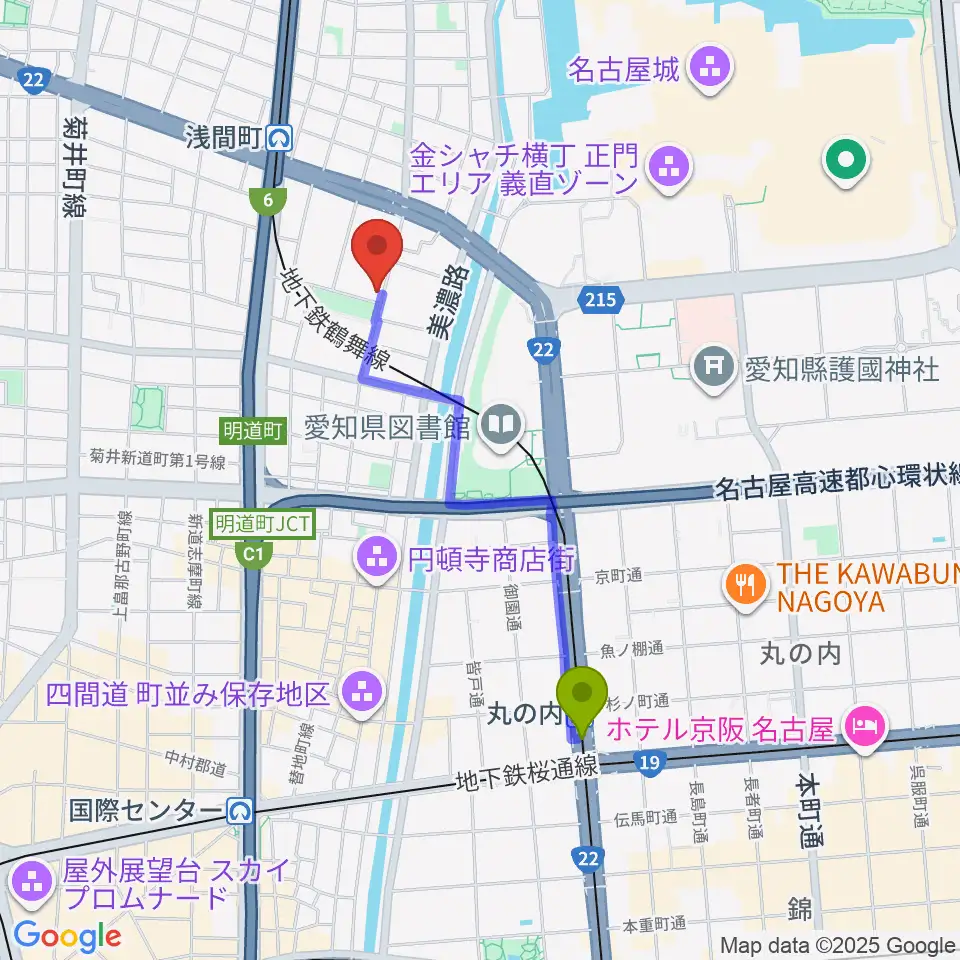 丸の内駅から大正琴のナルダン楽器へのルートマップ地図