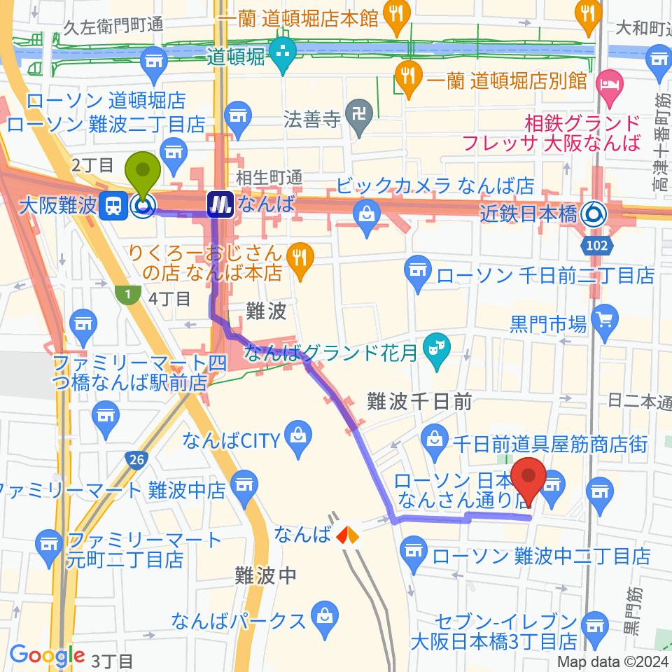 大阪難波駅から難波の楽器店テイクオフへのルートマップ地図