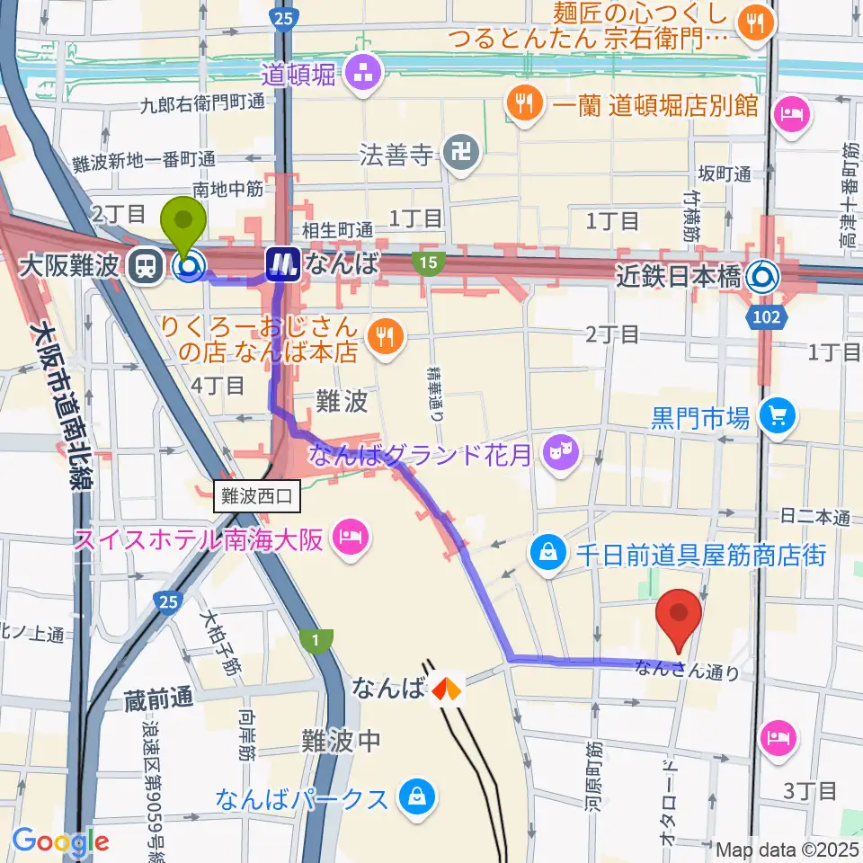 大阪難波駅から難波の楽器店テイクオフへのルートマップ地図