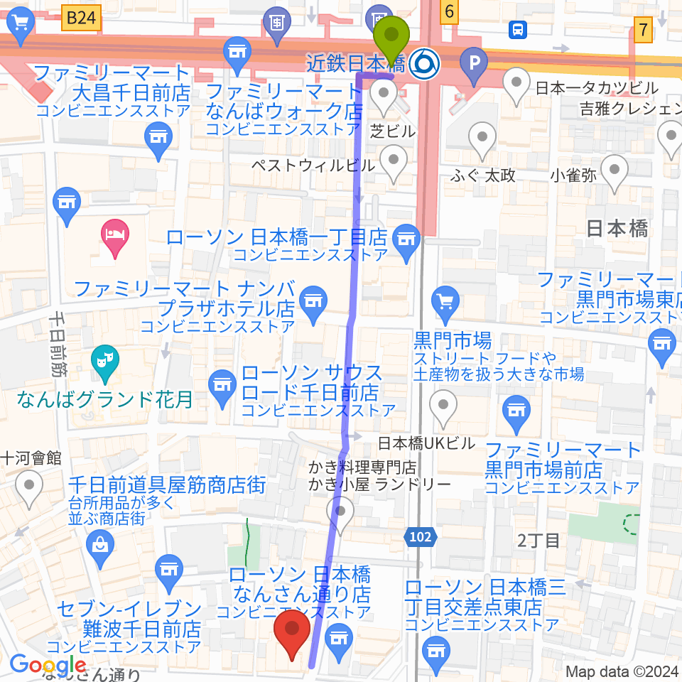 近鉄日本橋駅から難波の楽器店テイクオフへのルートマップ地図