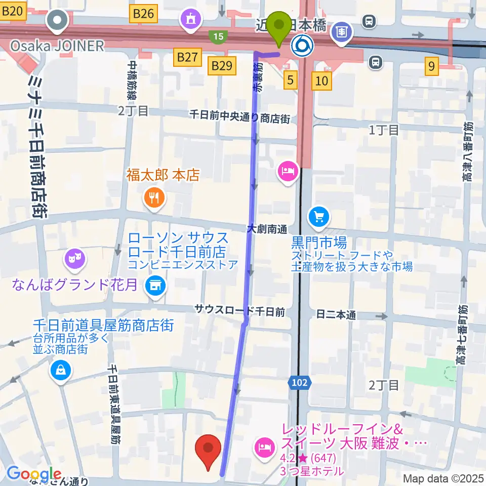 近鉄日本橋駅から難波の楽器店テイクオフへのルートマップ地図