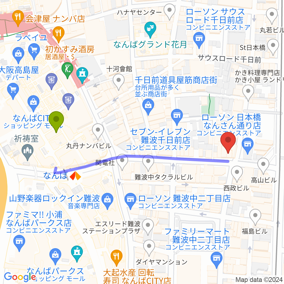 難波の楽器店テイクオフの最寄駅難波駅からの徒歩ルート（約5分）地図