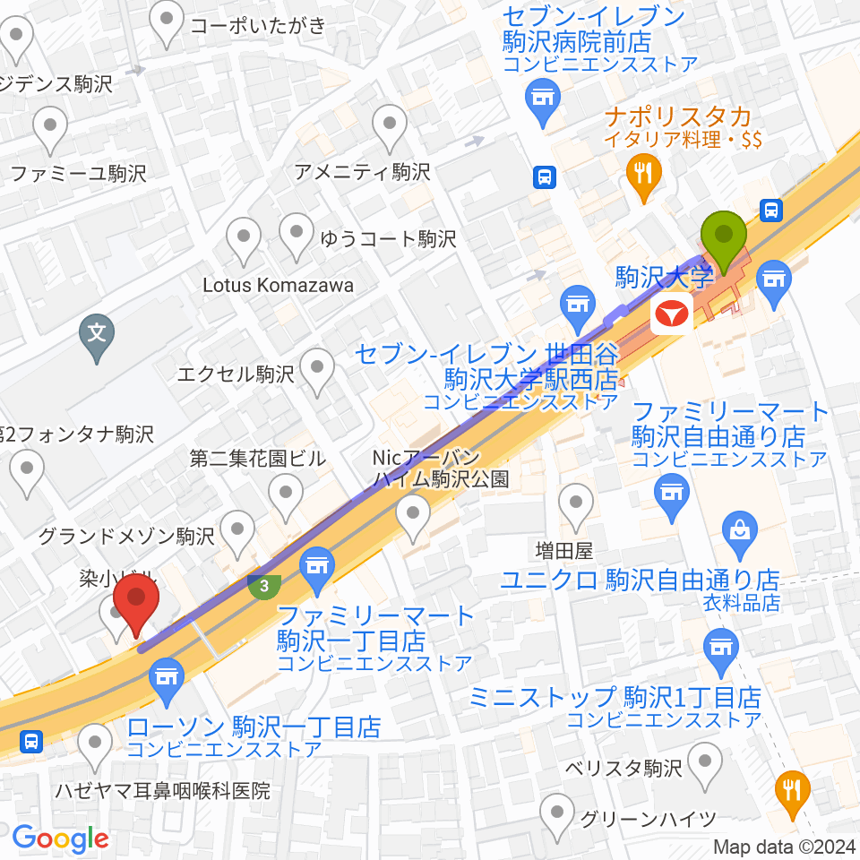 なかもり音楽教室の最寄駅駒沢大学駅からの徒歩ルート（約6分）地図