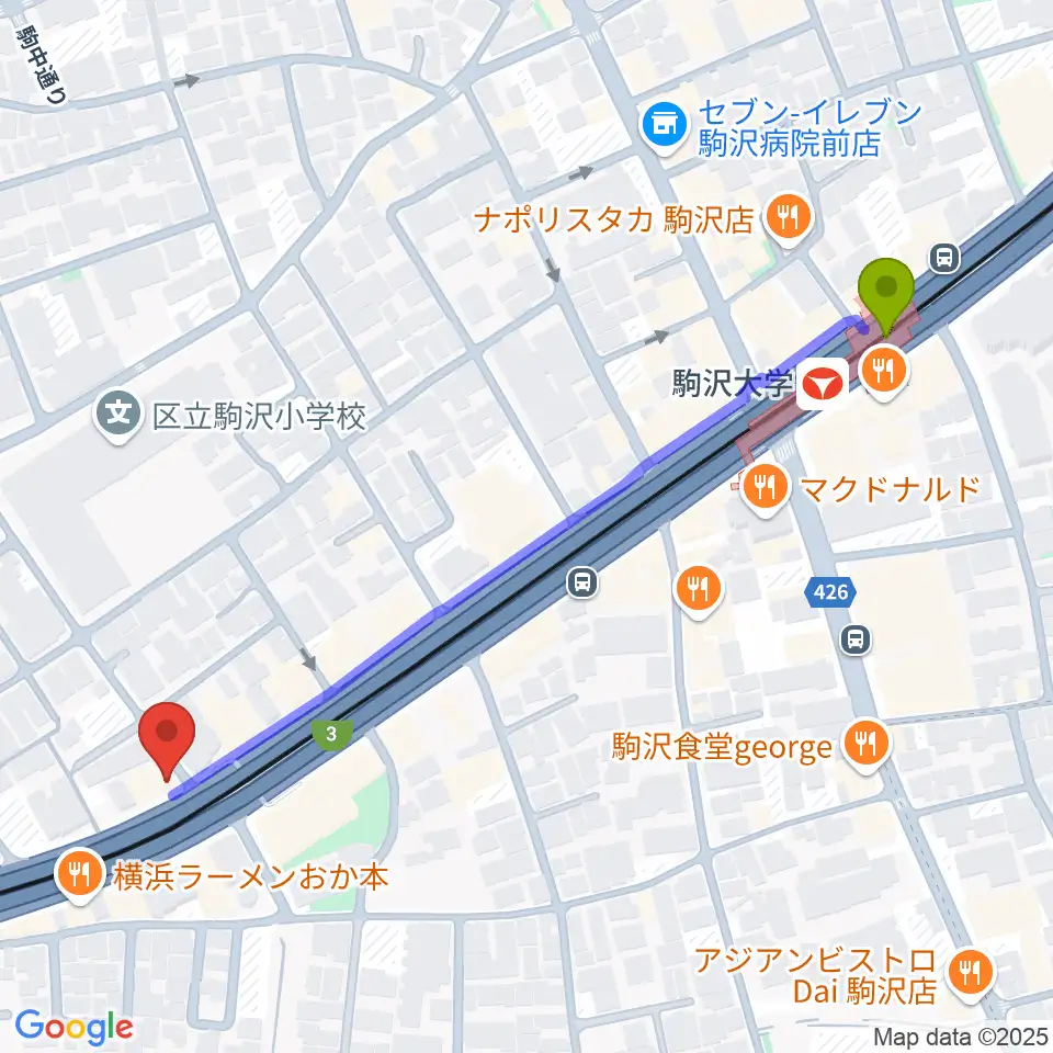 なかもり音楽教室の最寄駅駒沢大学駅からの徒歩ルート（約6分）地図