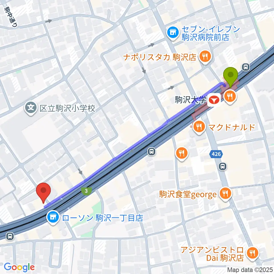 なかもり音楽教室の最寄駅駒沢大学駅からの徒歩ルート（約6分）地図