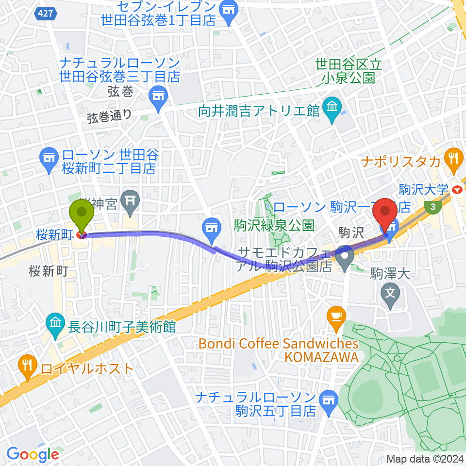 桜新町駅からなかもり音楽教室へのルートマップ地図