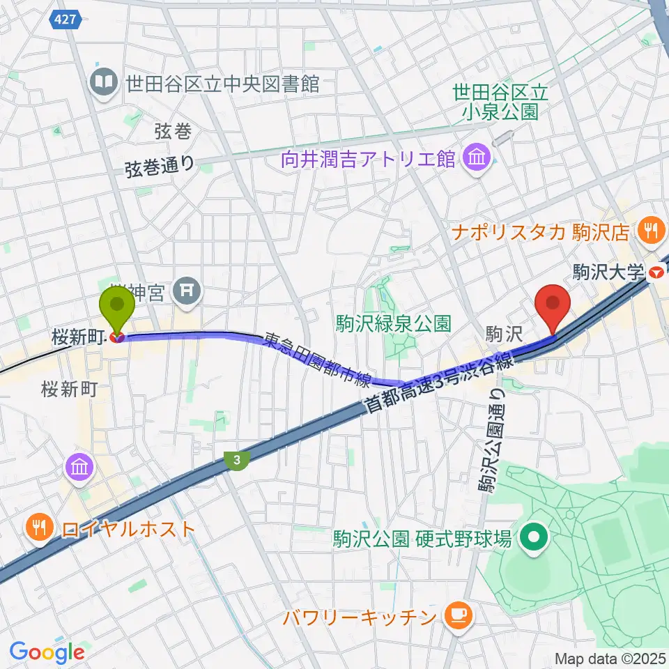 桜新町駅からなかもり音楽教室へのルートマップ地図