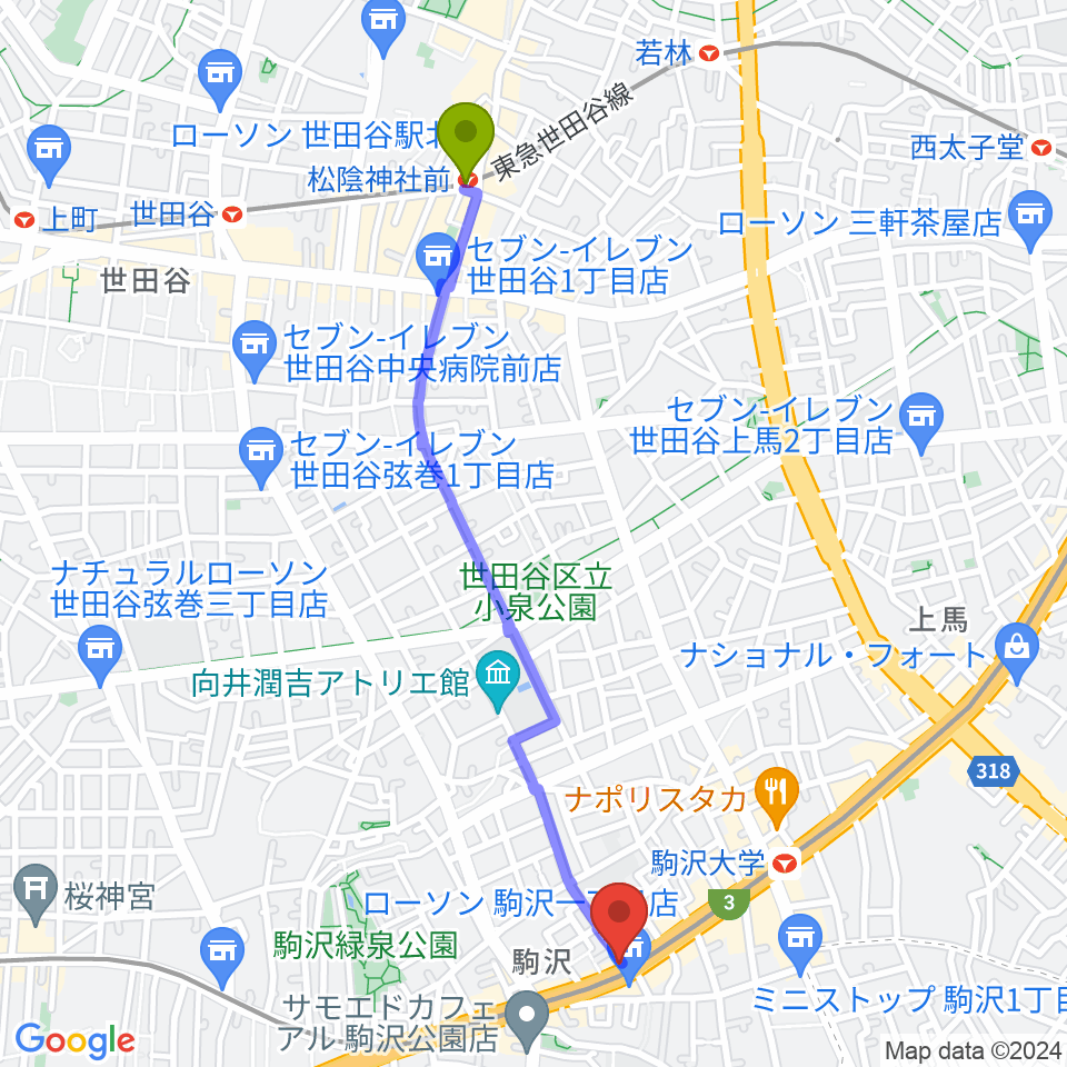 松陰神社前駅からなかもり音楽教室へのルートマップ地図