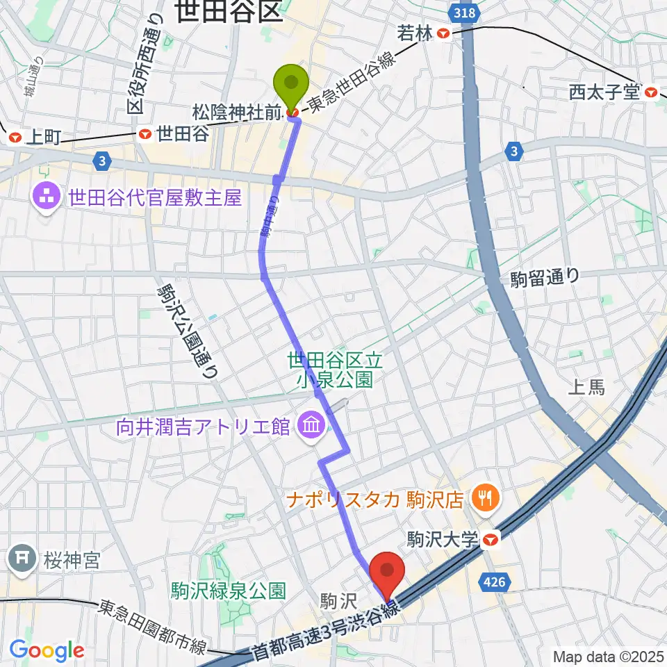 松陰神社前駅からなかもり音楽教室へのルートマップ地図