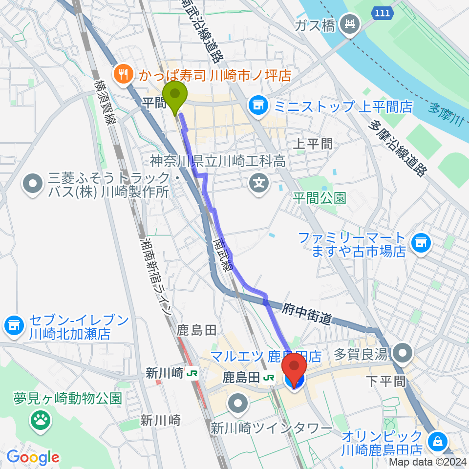 平間駅からミュージックスクール新川崎 ヤマハミュージックへのルートマップ地図