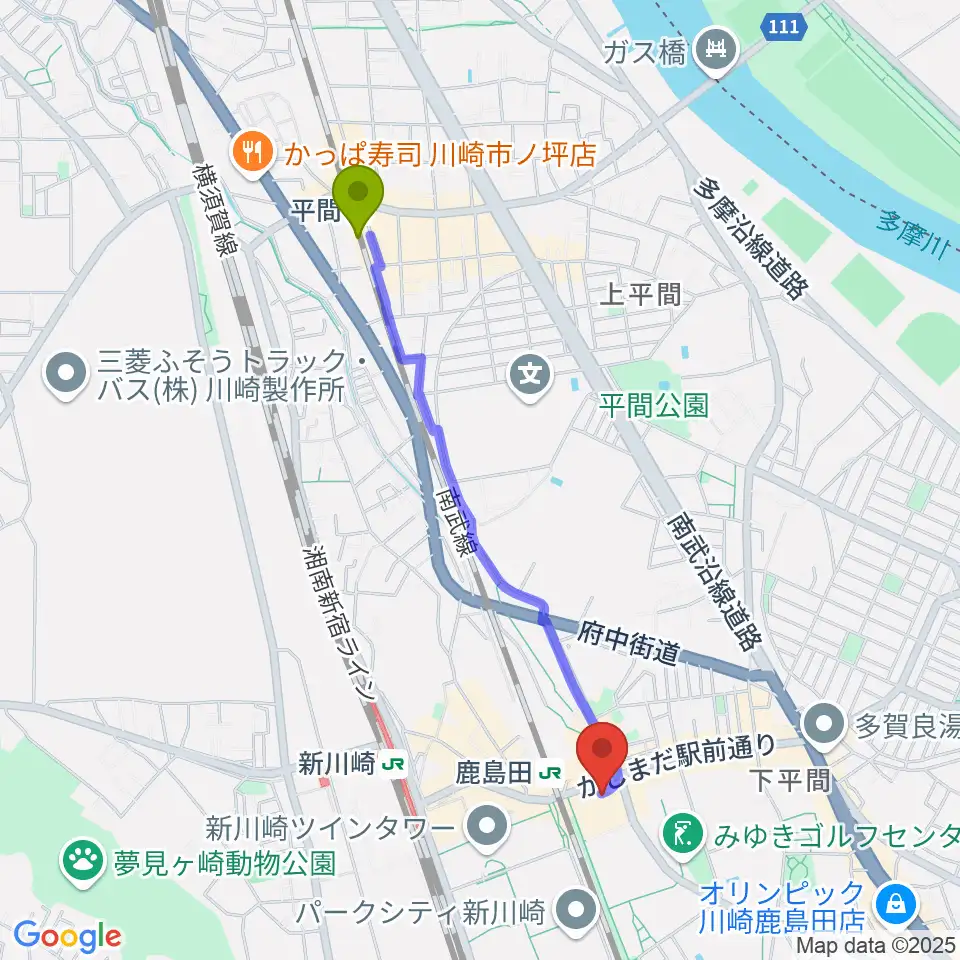 平間駅からミュージックスクール新川崎 ヤマハミュージックへのルートマップ地図