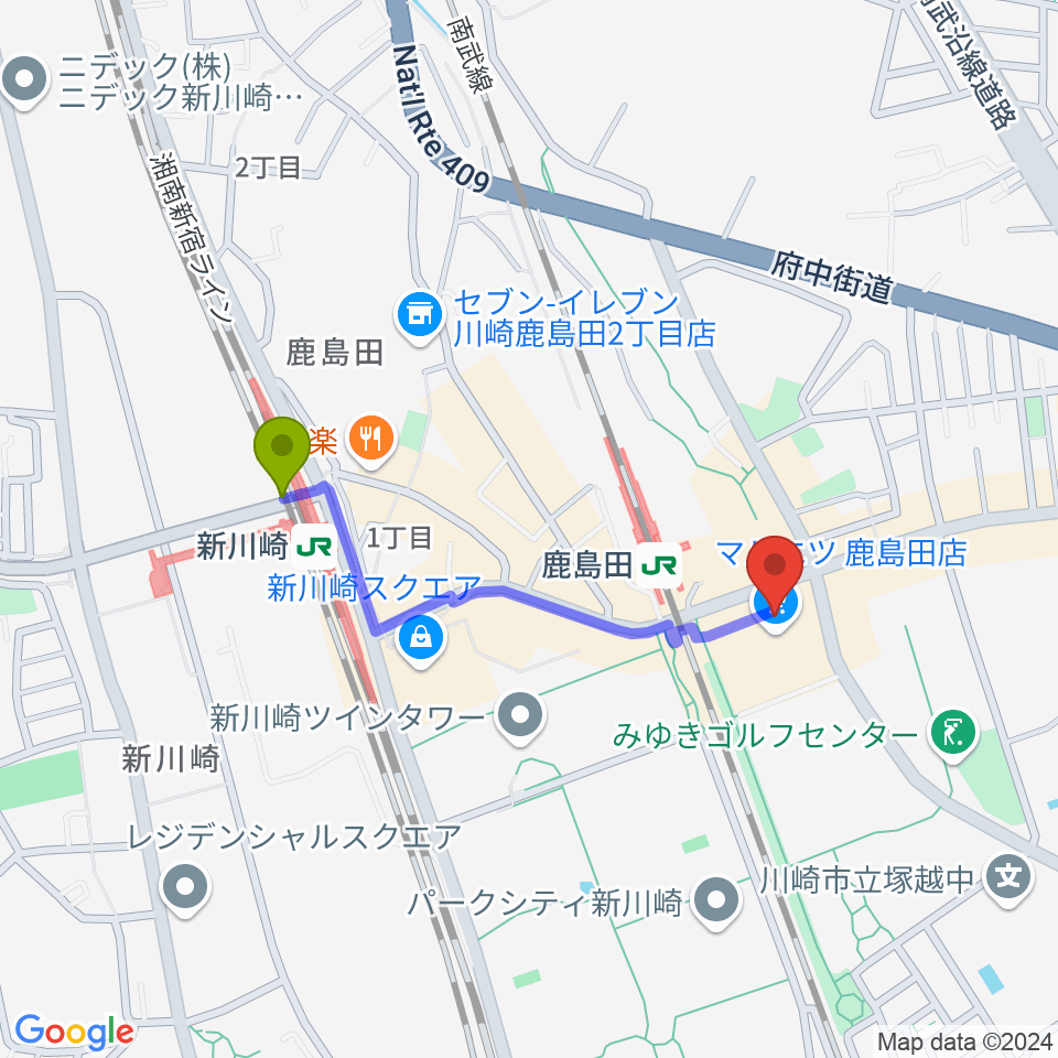 新川崎駅からミュージックスクール新川崎 ヤマハミュージックへのルートマップ地図