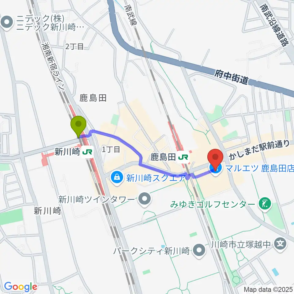 新川崎駅からミュージックスクール新川崎 ヤマハミュージックへのルートマップ地図
