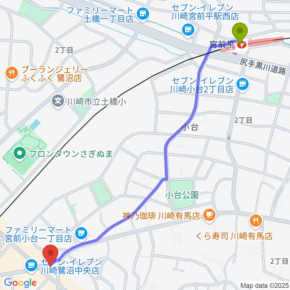 宮前平駅からミュージックスクール鷺沼 ヤマハミュージックへのルートマップ地図