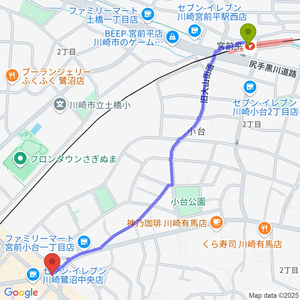 宮前平駅からミュージックスクール鷺沼 ヤマハミュージックへのルートマップ地図