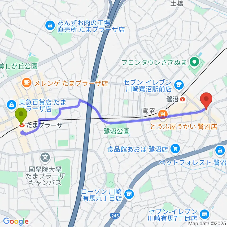 たまプラーザ駅からミュージックスクール鷺沼 ヤマハミュージックへのルートマップ地図