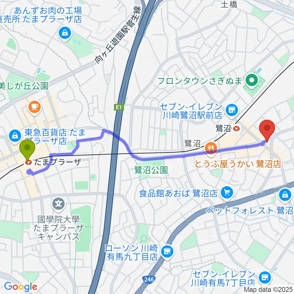 たまプラーザ駅からミュージックスクール鷺沼 ヤマハミュージックへのルートマップ地図