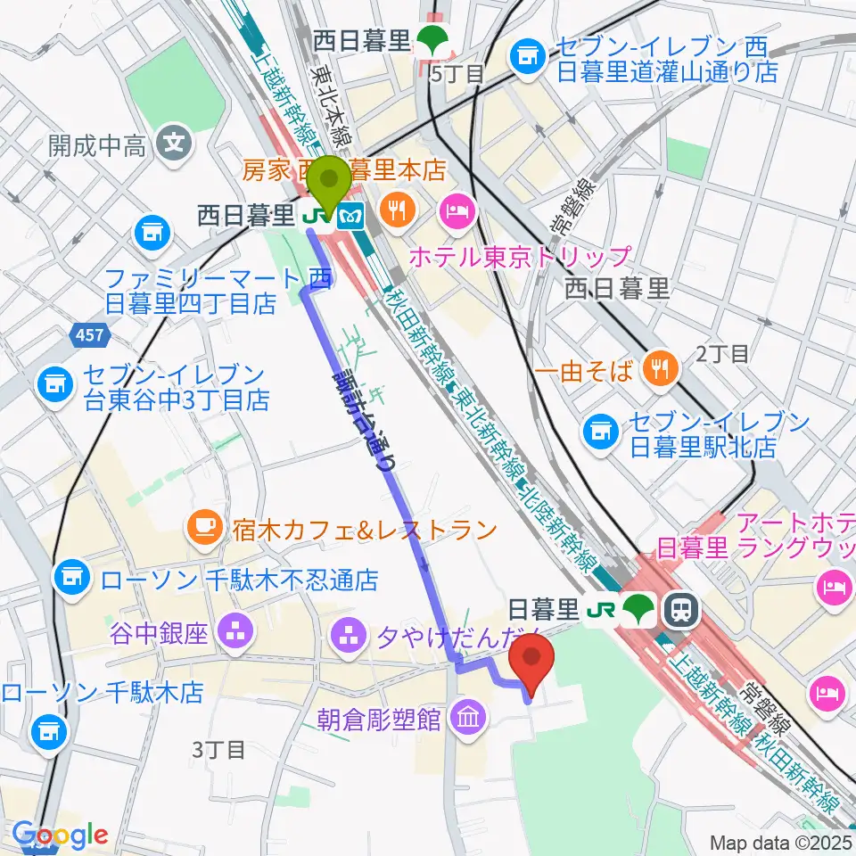 西日暮里駅からしらゆきピアノ教室へのルートマップ地図