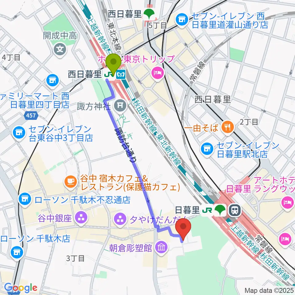 西日暮里駅からしらゆきピアノ教室へのルートマップ地図