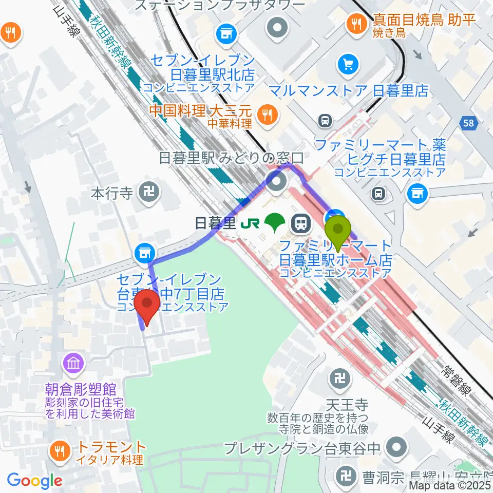 しらゆきピアノ教室の最寄駅日暮里駅からの徒歩ルート（約3分）地図