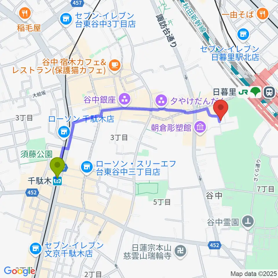 千駄木駅からしらゆきピアノ教室へのルートマップ地図