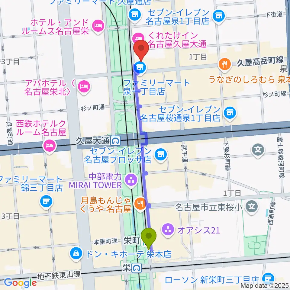 栄町駅からポエポエ名古屋へのルートマップ地図