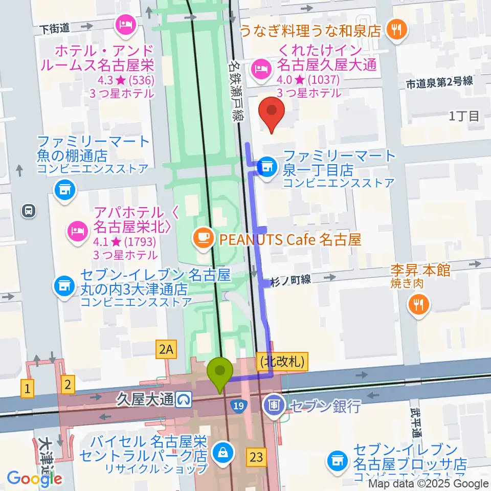 ポエポエ名古屋の最寄駅久屋大通駅からの徒歩ルート（約4分）地図