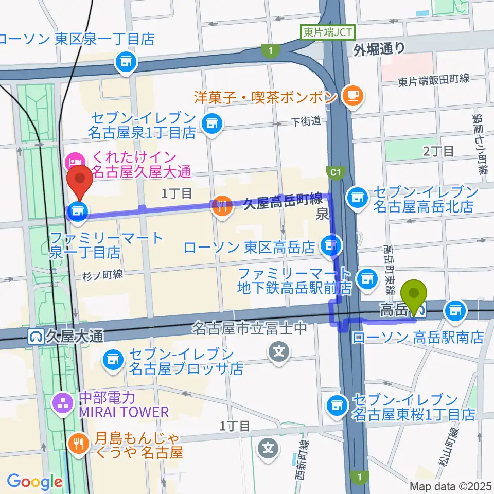 高岳駅からポエポエ名古屋へのルートマップ地図