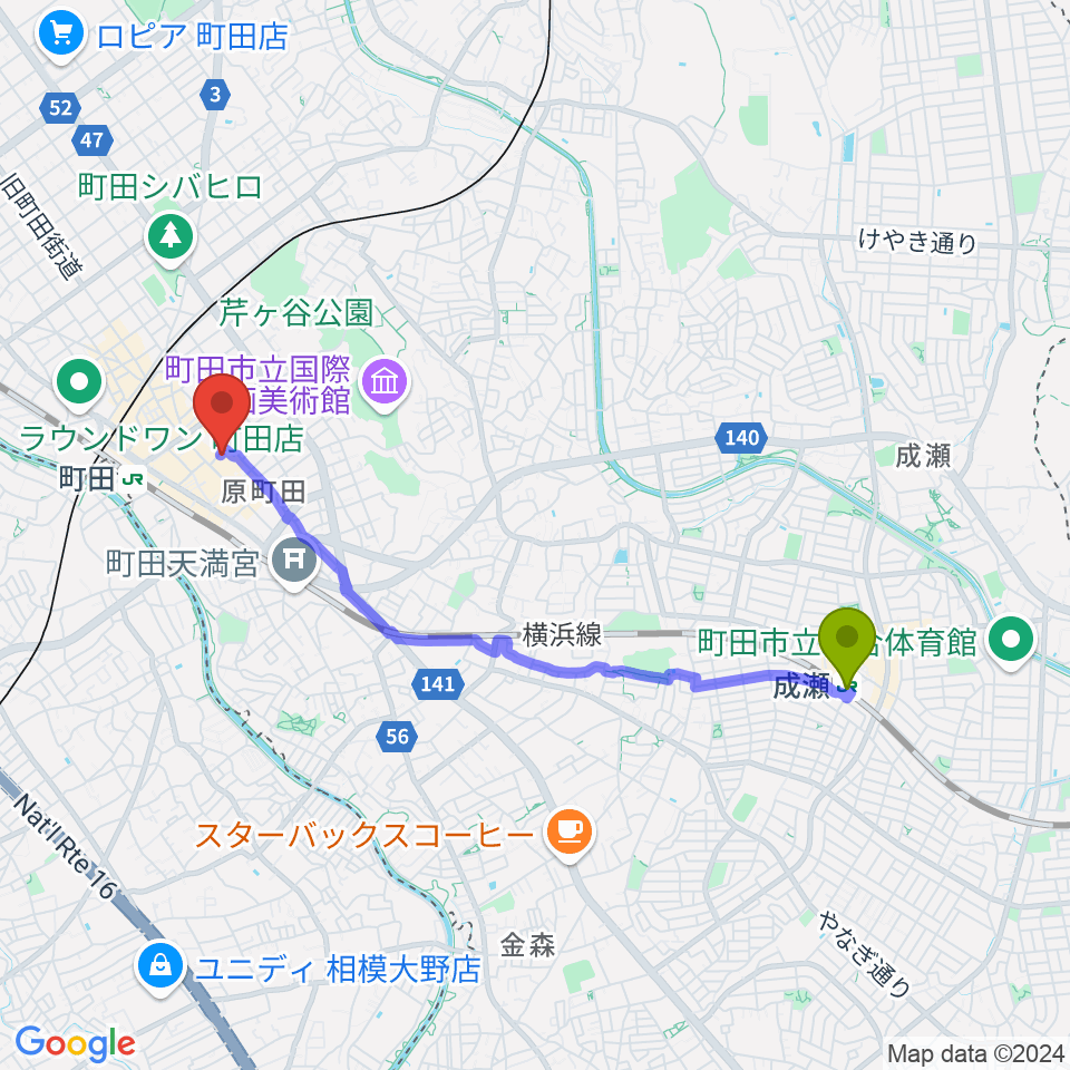 成瀬駅から音好堂へのルートマップ地図