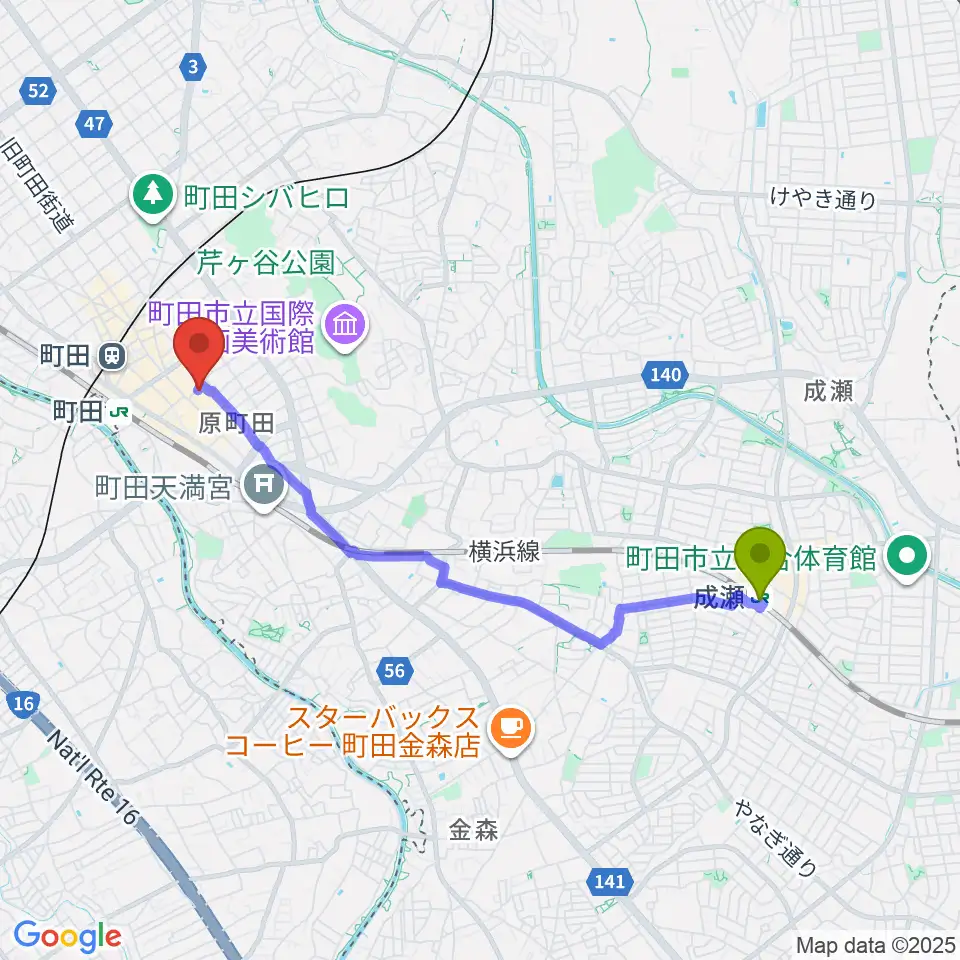 成瀬駅から音好堂へのルートマップ地図